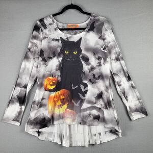 Holiday‎ Traditions Size M Long Sleeve Black Cat Top Halloween Jack O Lantern